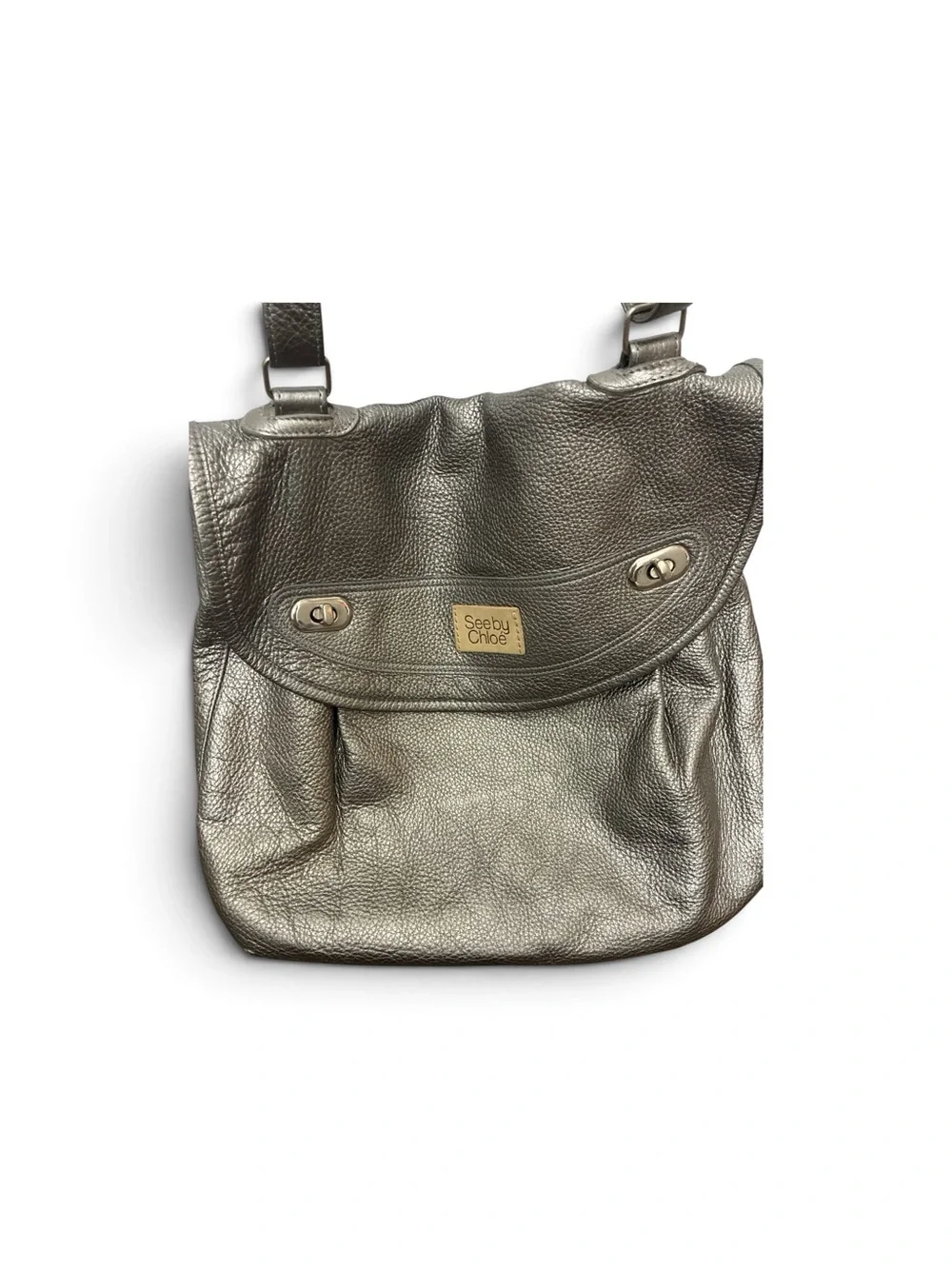 See by Chloé Metallic Pewter Leather Shoulder Bag | Adjustable Strap Large Hobo